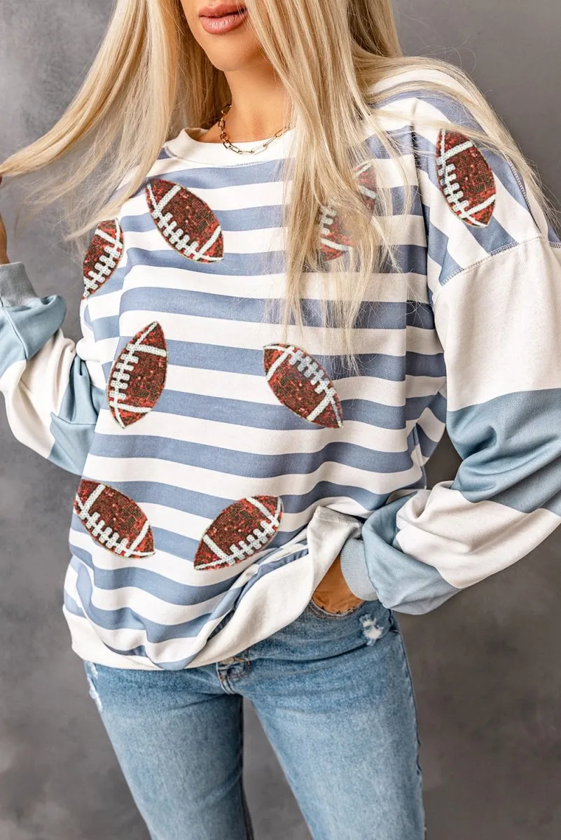 Blue Stripe Sequin Football Pullover Sweatshirt