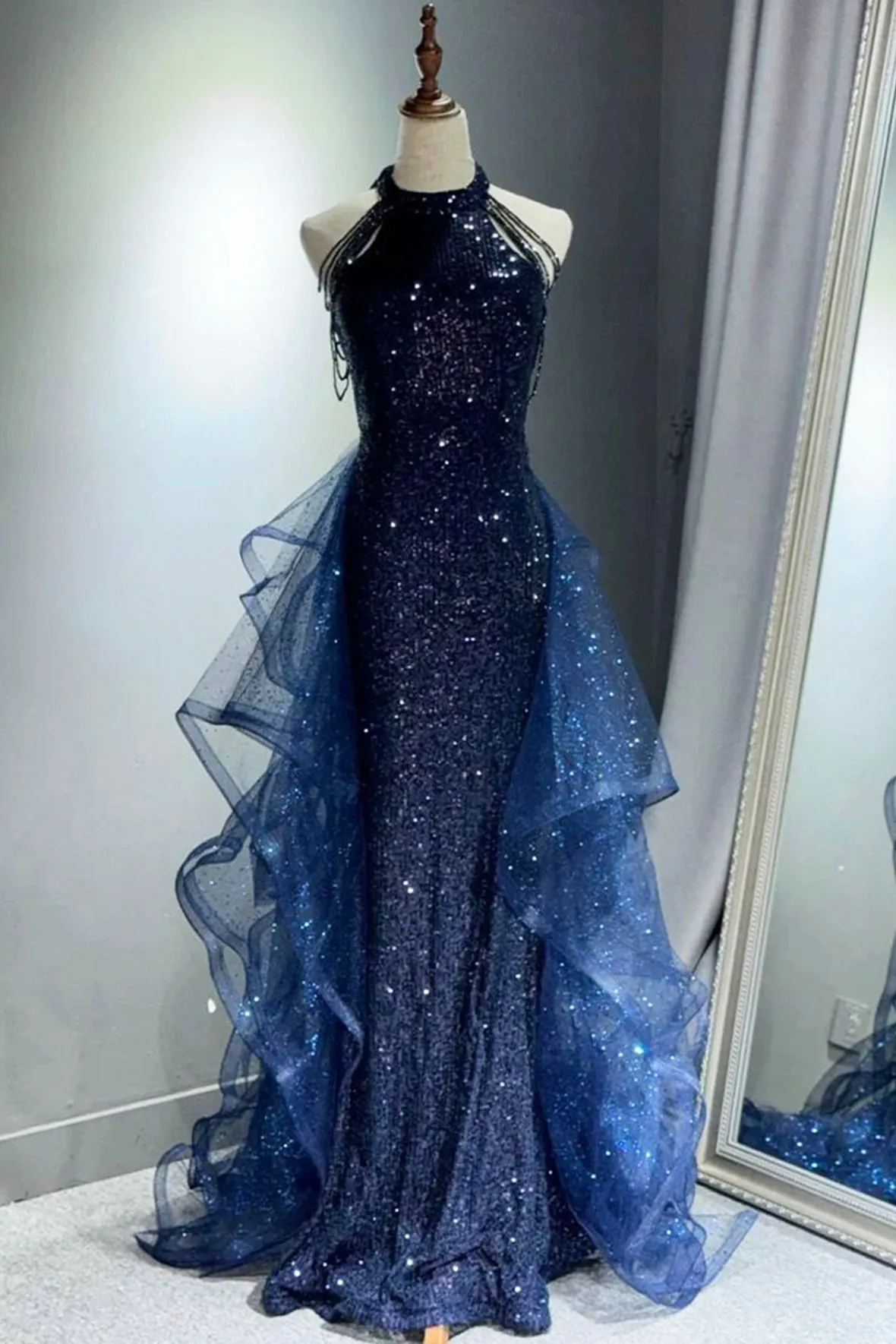 Blue Tulle Sequins Long Prom Dress, Elegant Halter Evening Party Dress