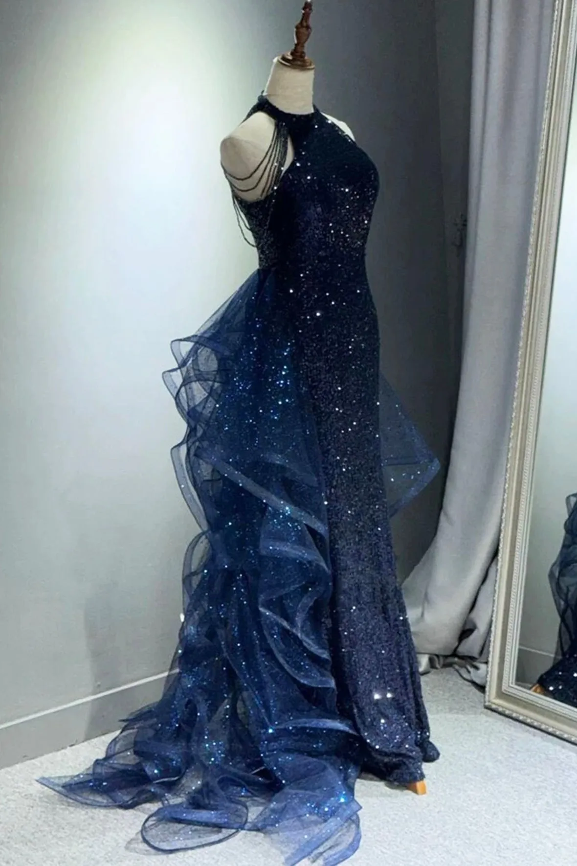 Blue Tulle Sequins Long Prom Dress, Elegant Halter Evening Party Dress