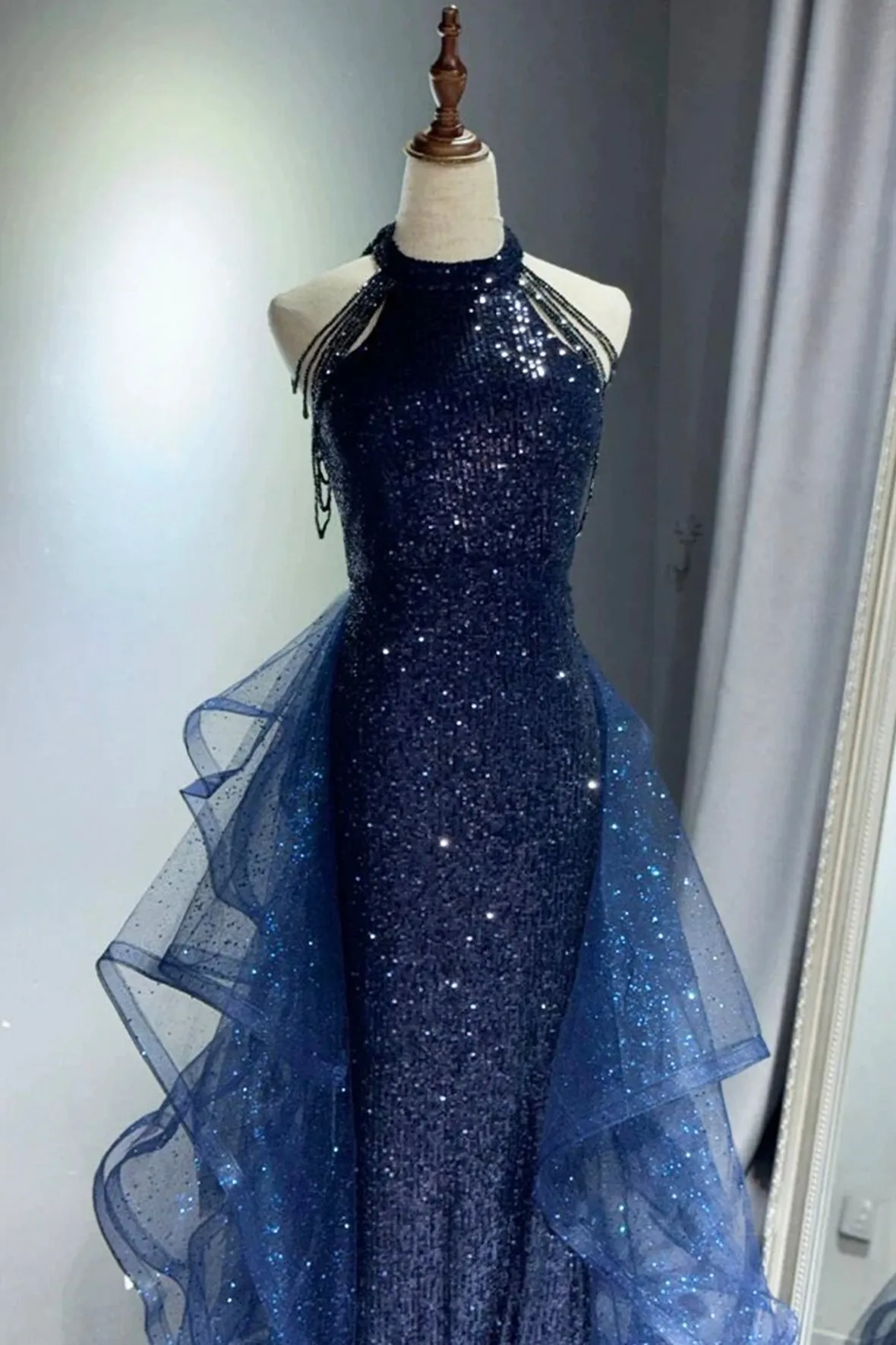 Blue Tulle Sequins Long Prom Dress, Elegant Halter Evening Party Dress