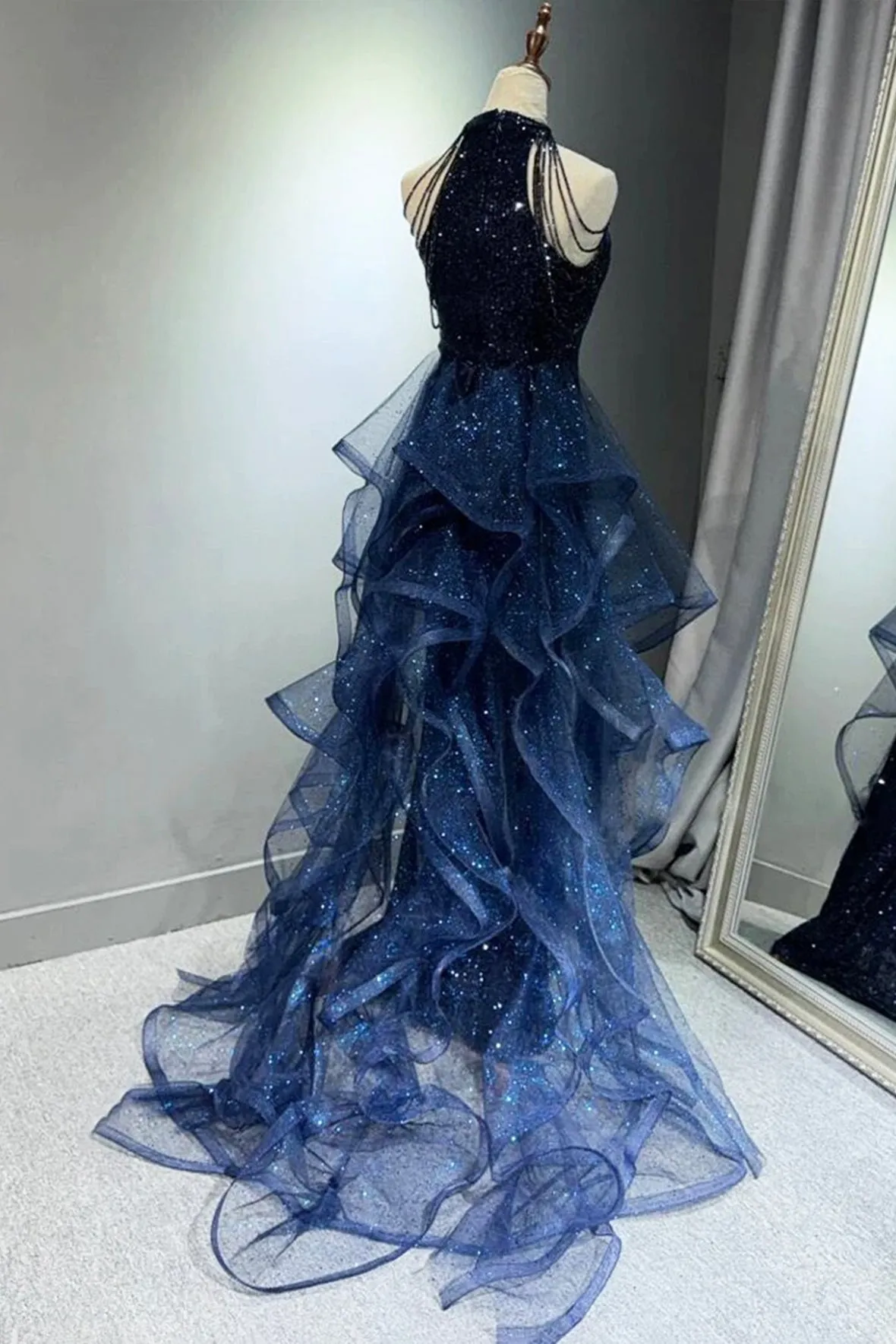 Blue Tulle Sequins Long Prom Dress, Elegant Halter Evening Party Dress