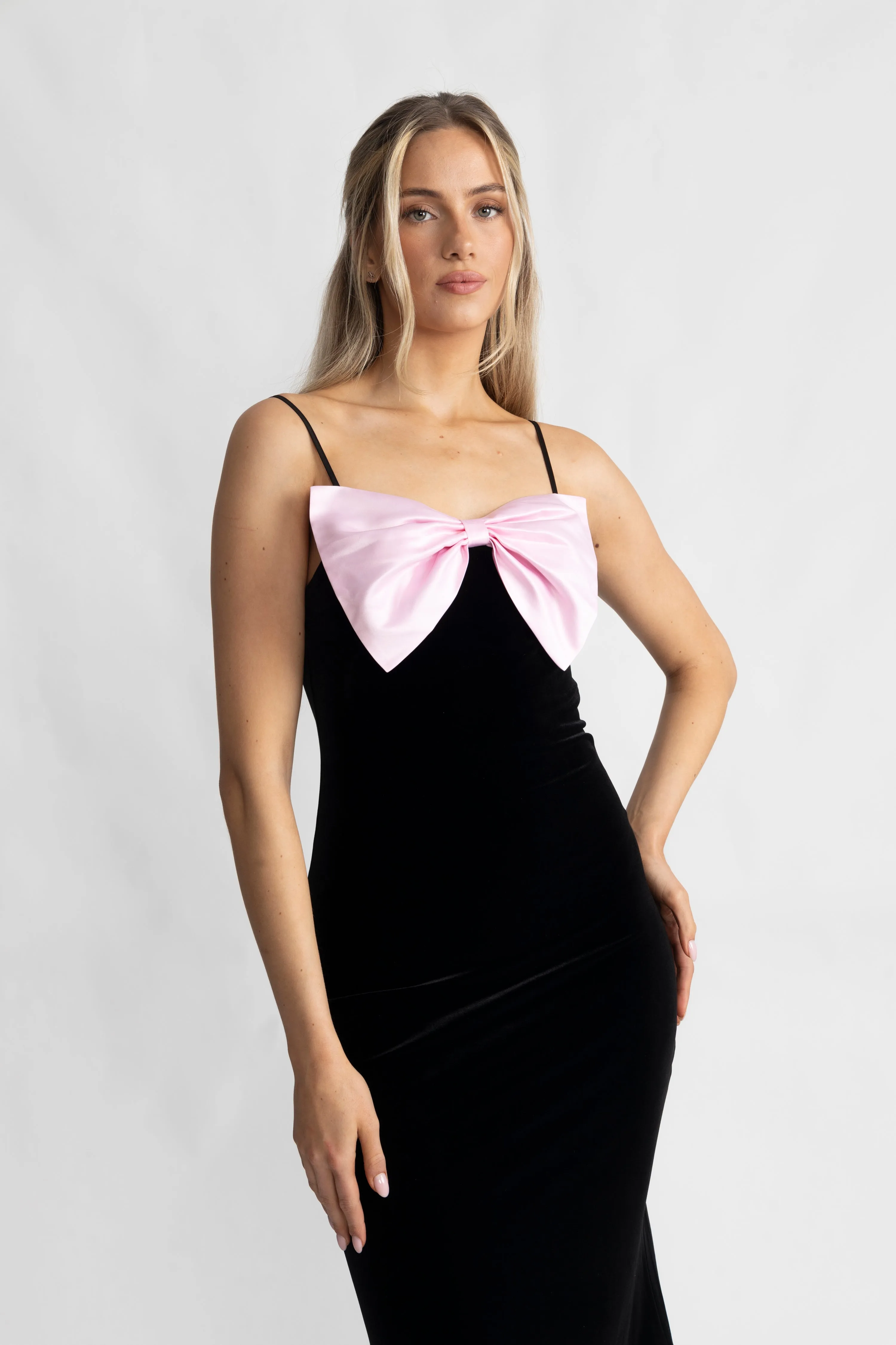 Bow-Down Velvet Slip Dress - Black