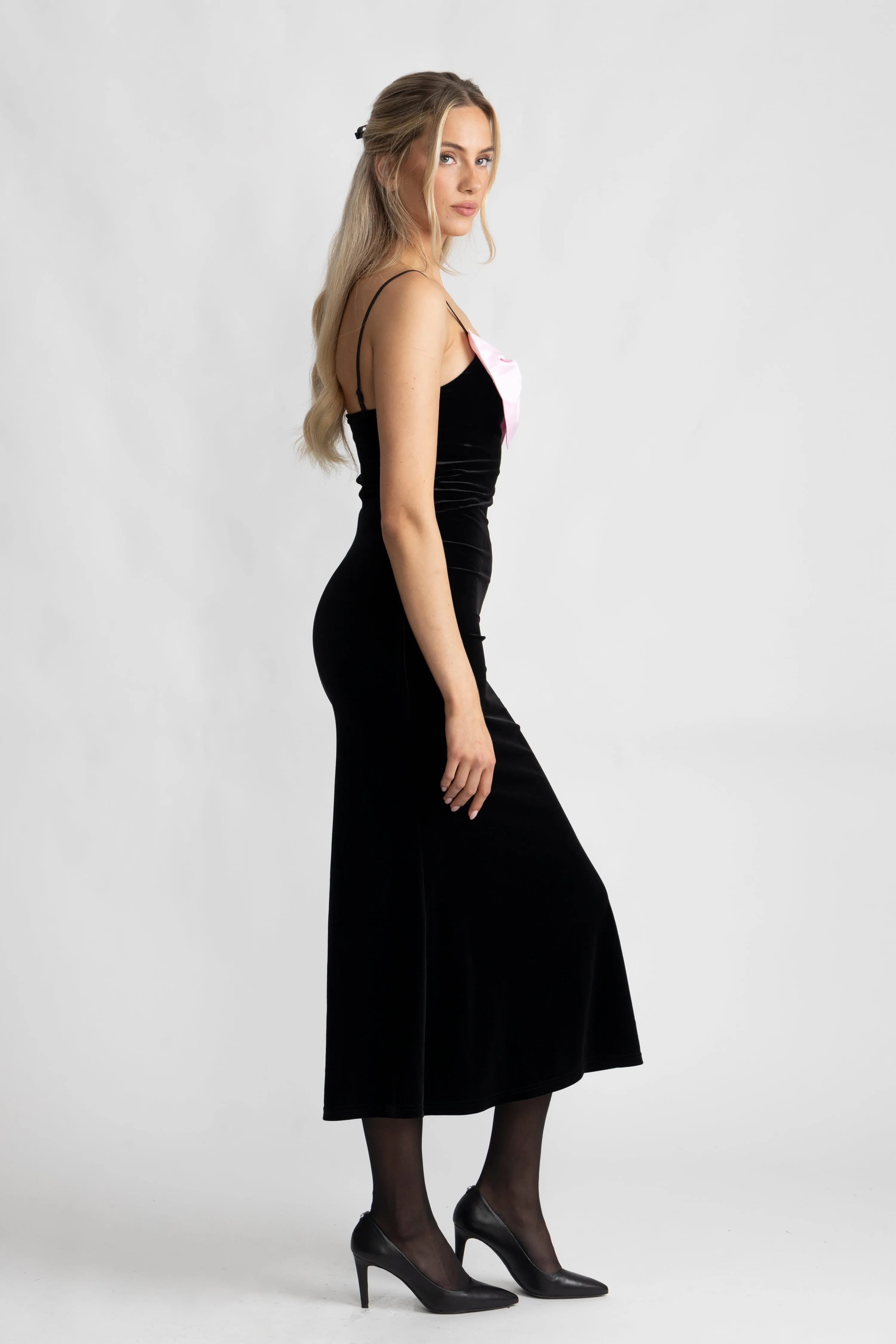 Bow-Down Velvet Slip Dress - Black