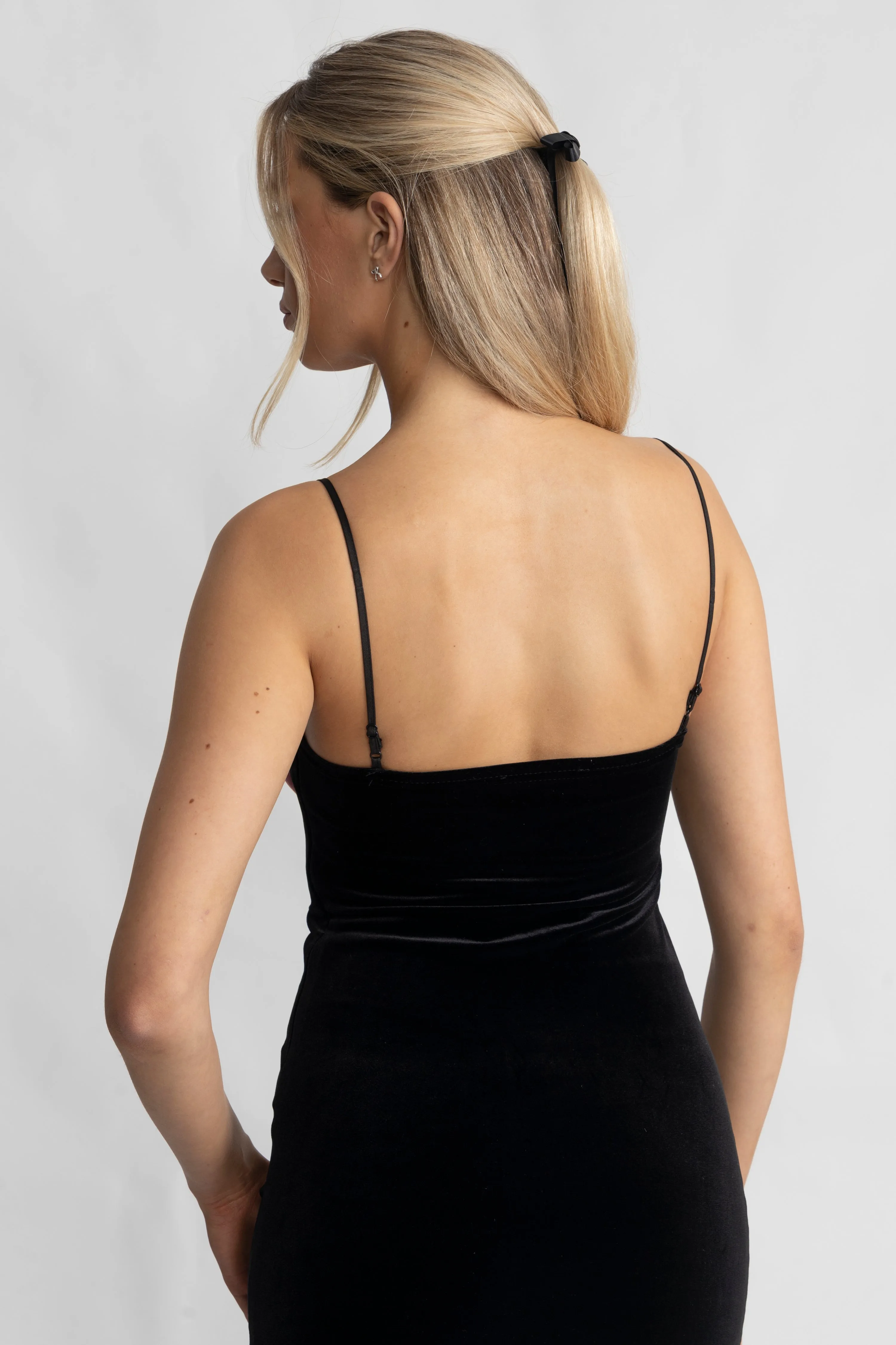 Bow-Down Velvet Slip Dress - Black