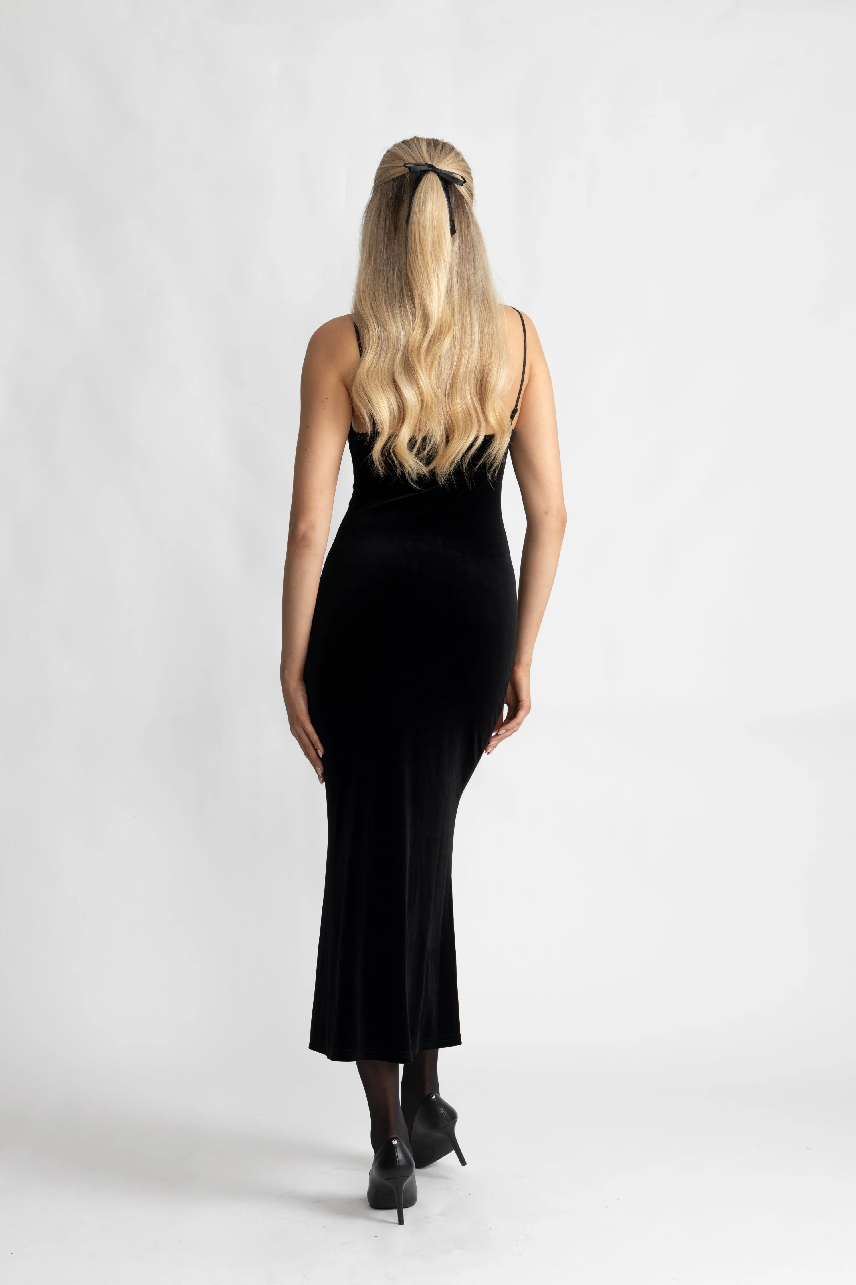 Bow-Down Velvet Slip Dress - Black