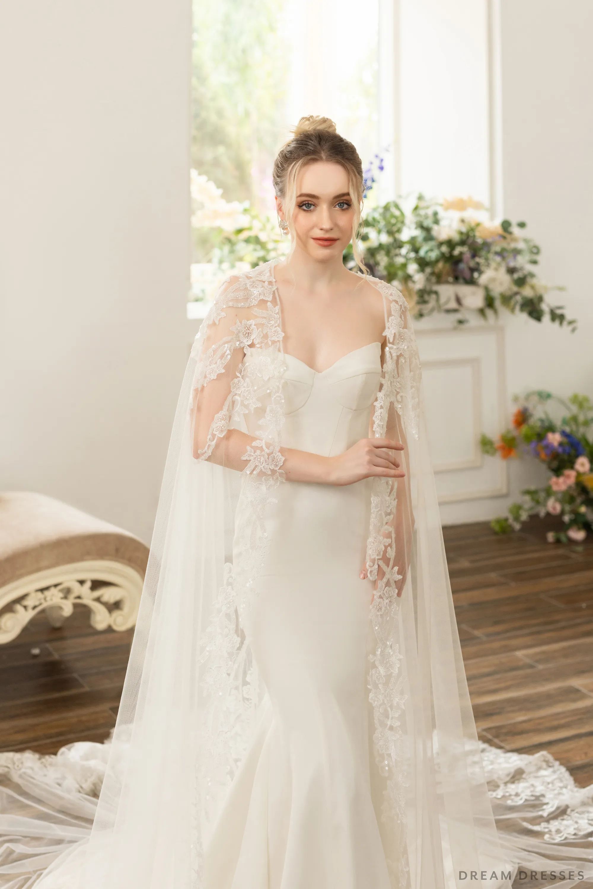 Bridal Cape with Floral Lace (#AXELLE)