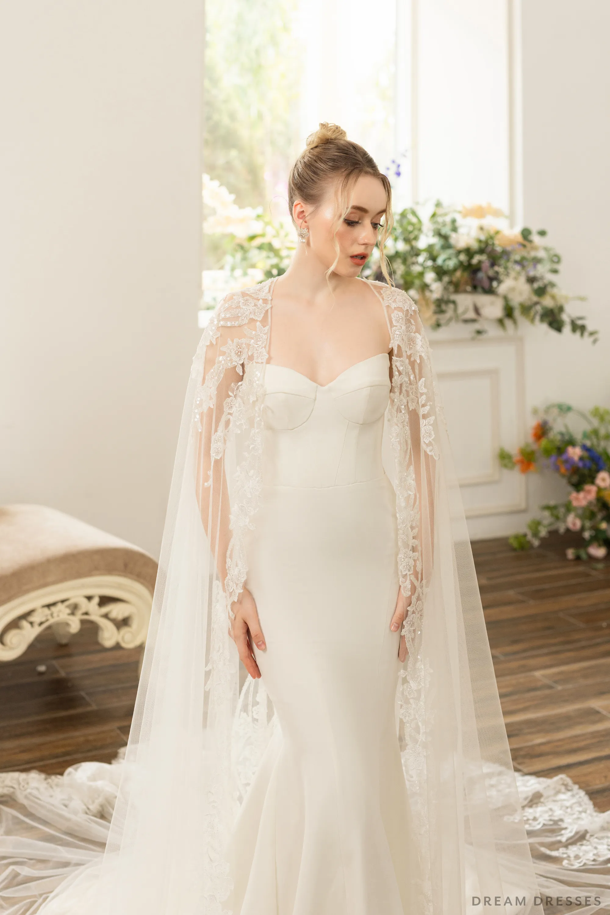 Bridal Cape with Floral Lace (#AXELLE)