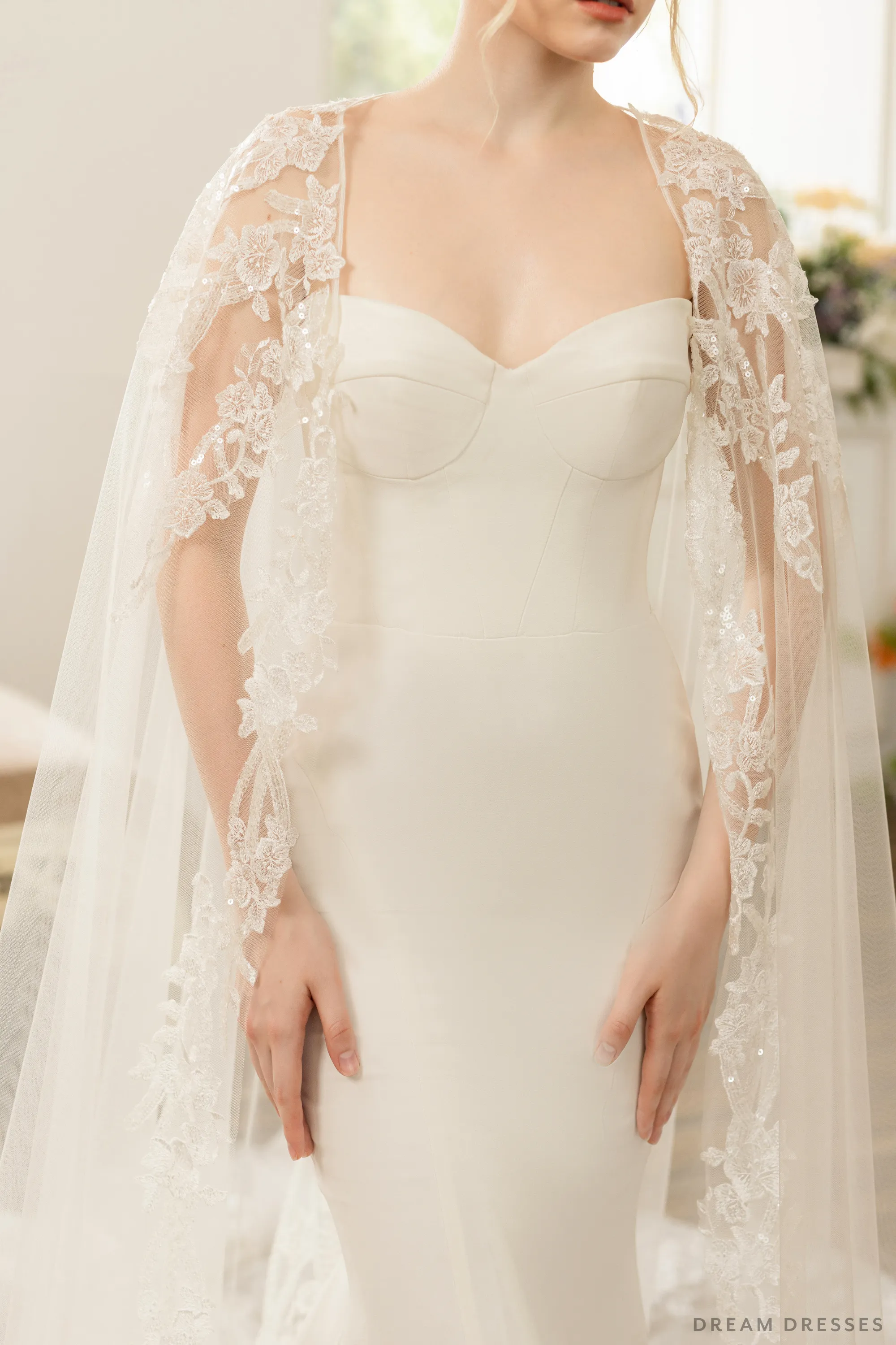 Bridal Cape with Floral Lace (#AXELLE)