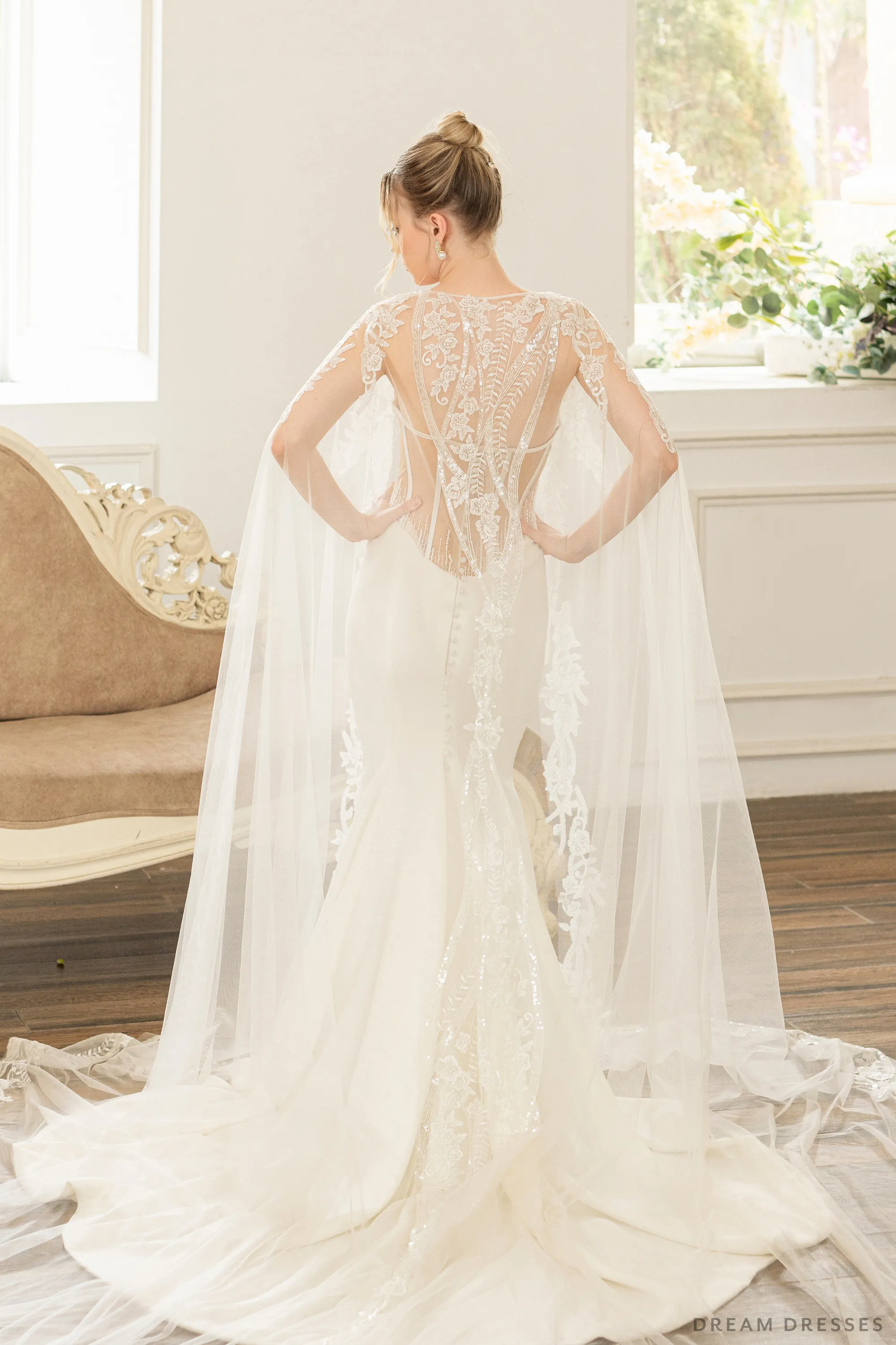 Bridal Cape with Floral Lace (#AXELLE)