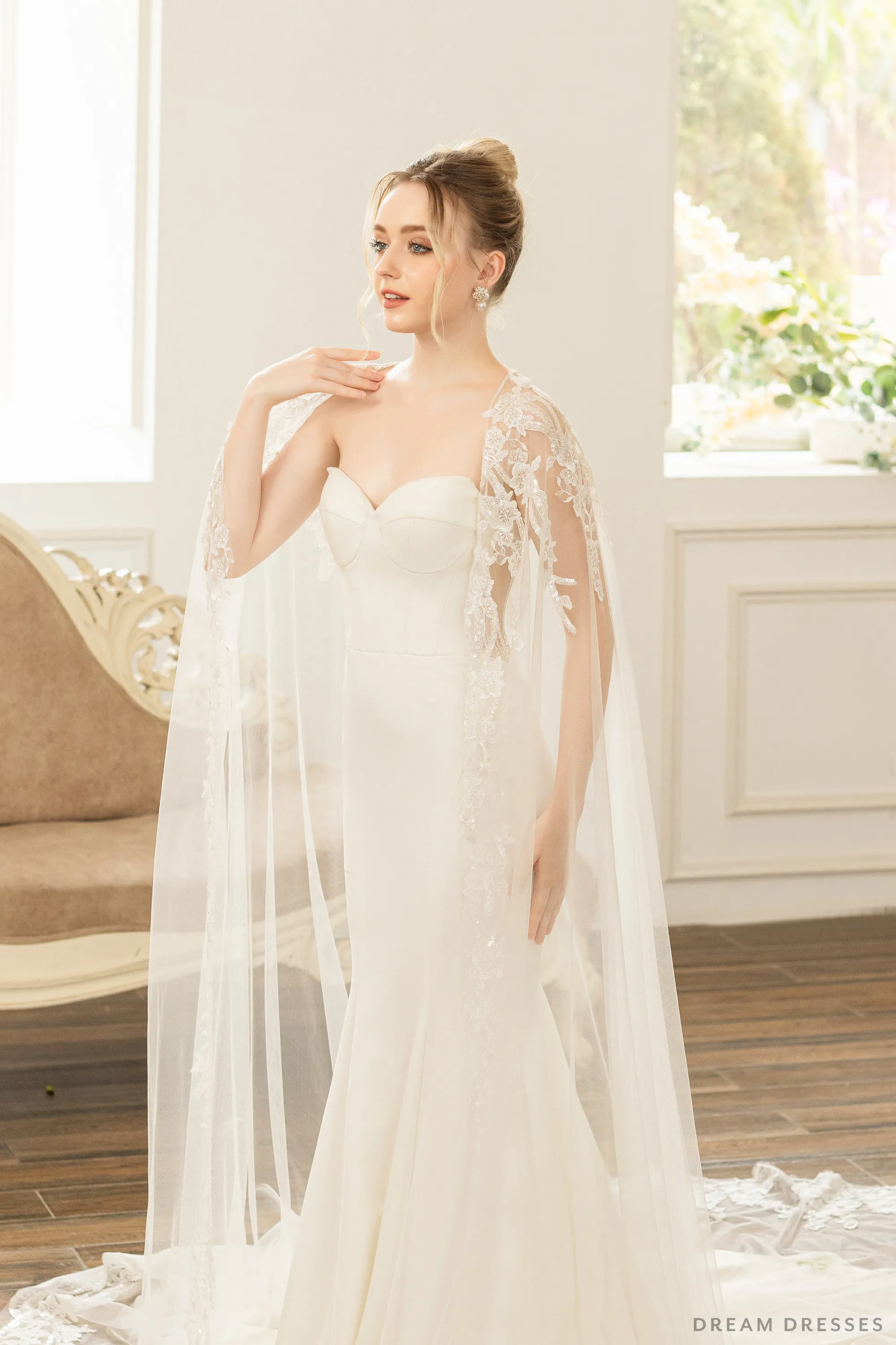 Bridal Cape with Floral Lace (#AXELLE)