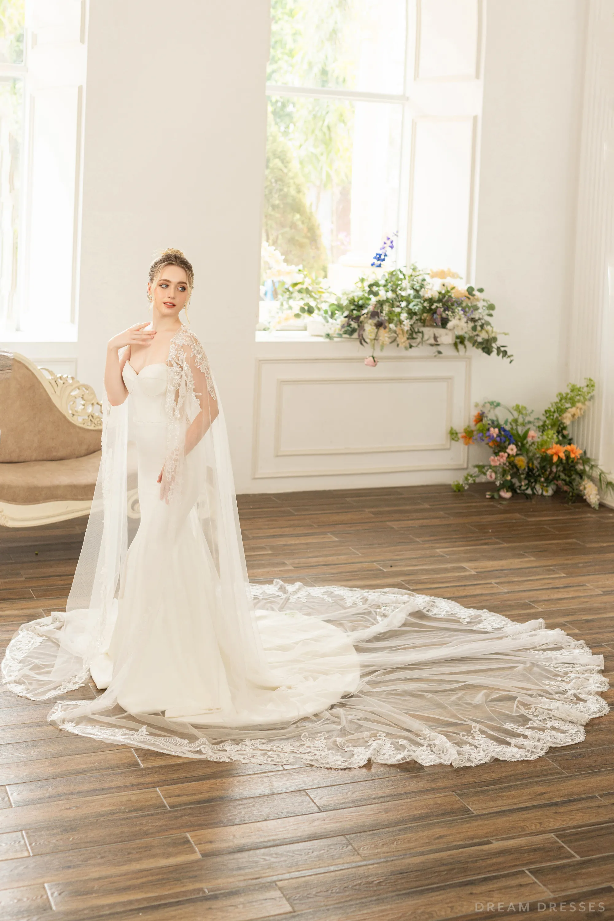 Bridal Cape with Floral Lace (#AXELLE)