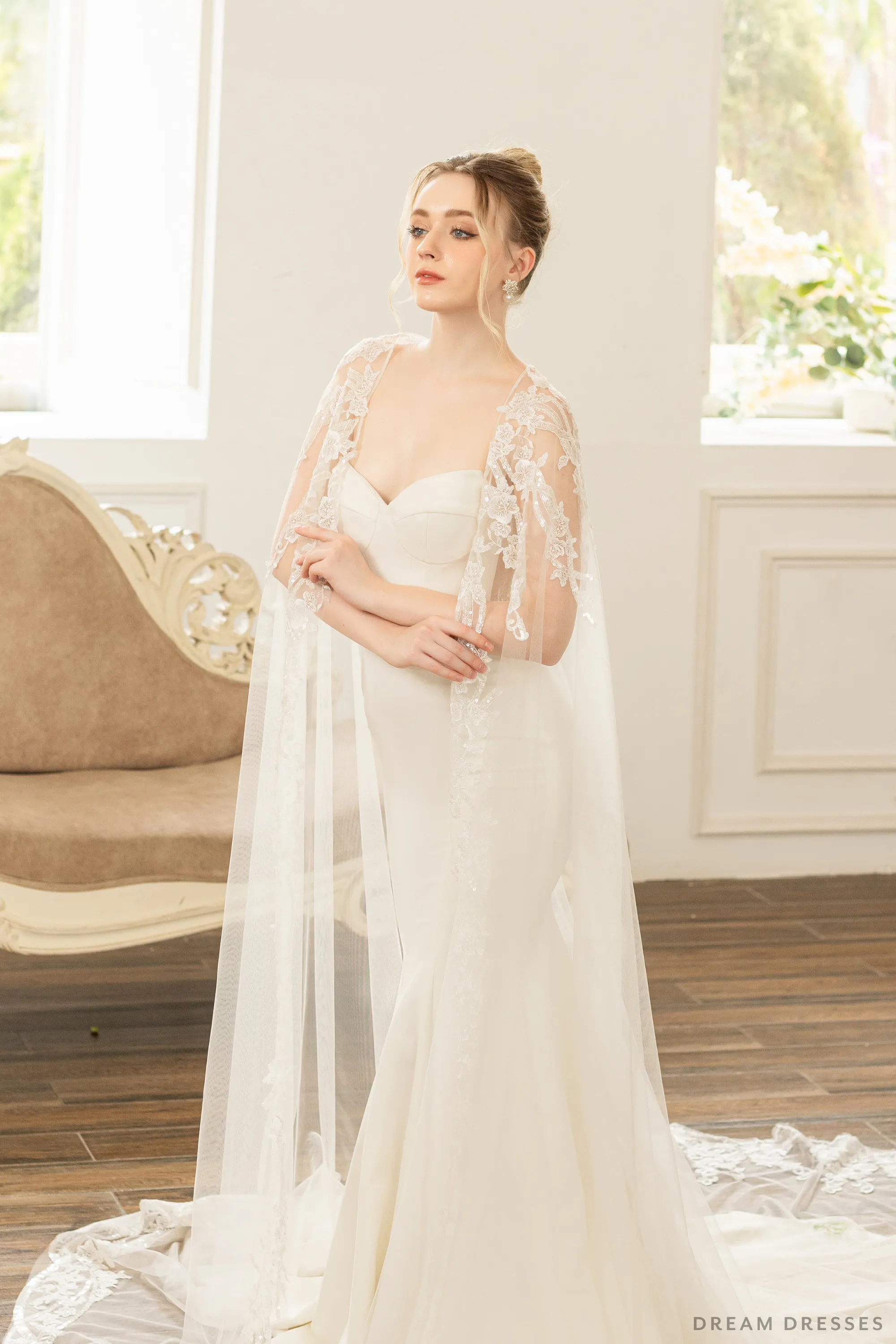 Bridal Cape with Floral Lace (#AXELLE)