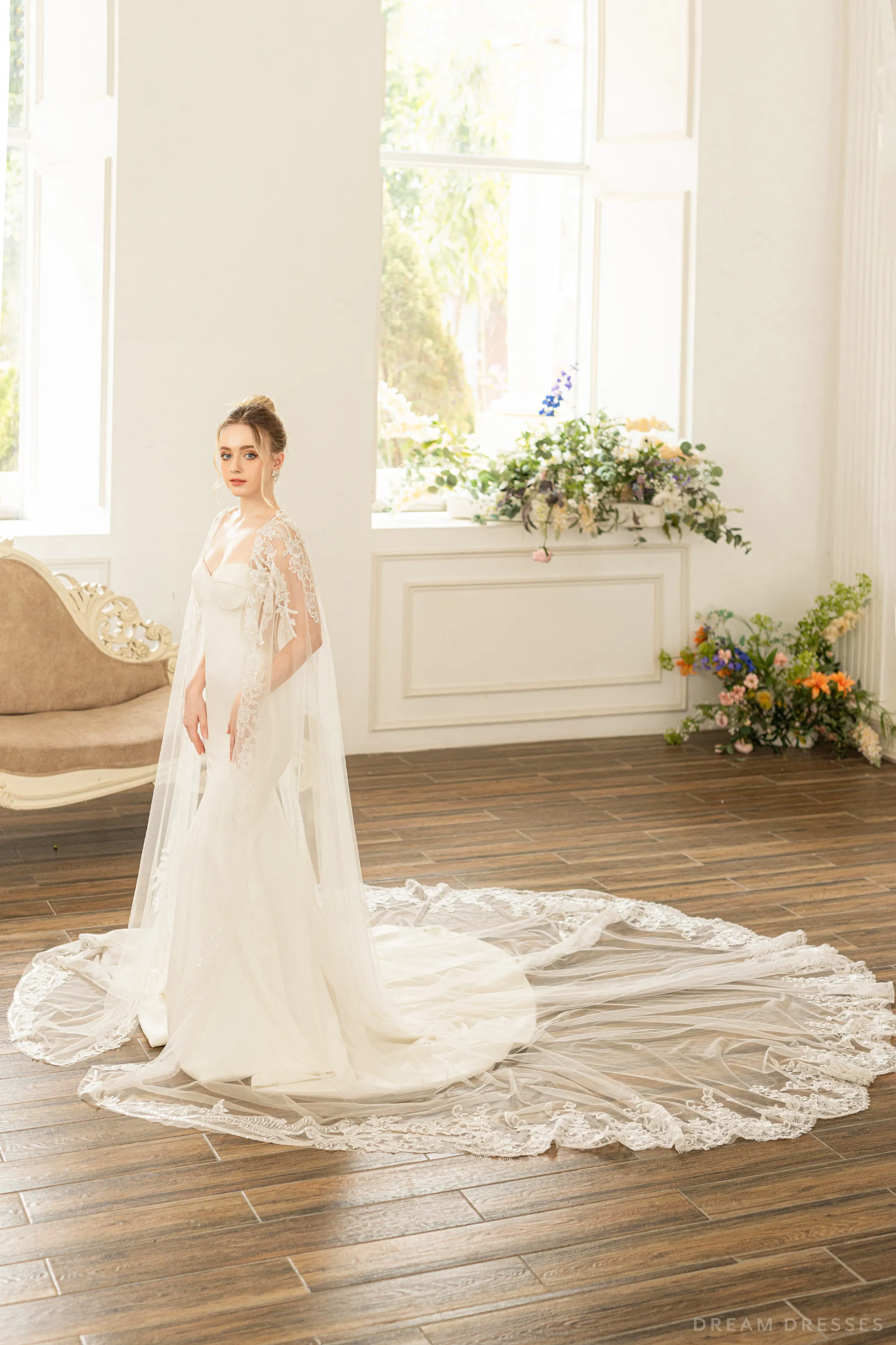 Bridal Cape with Floral Lace (#AXELLE)