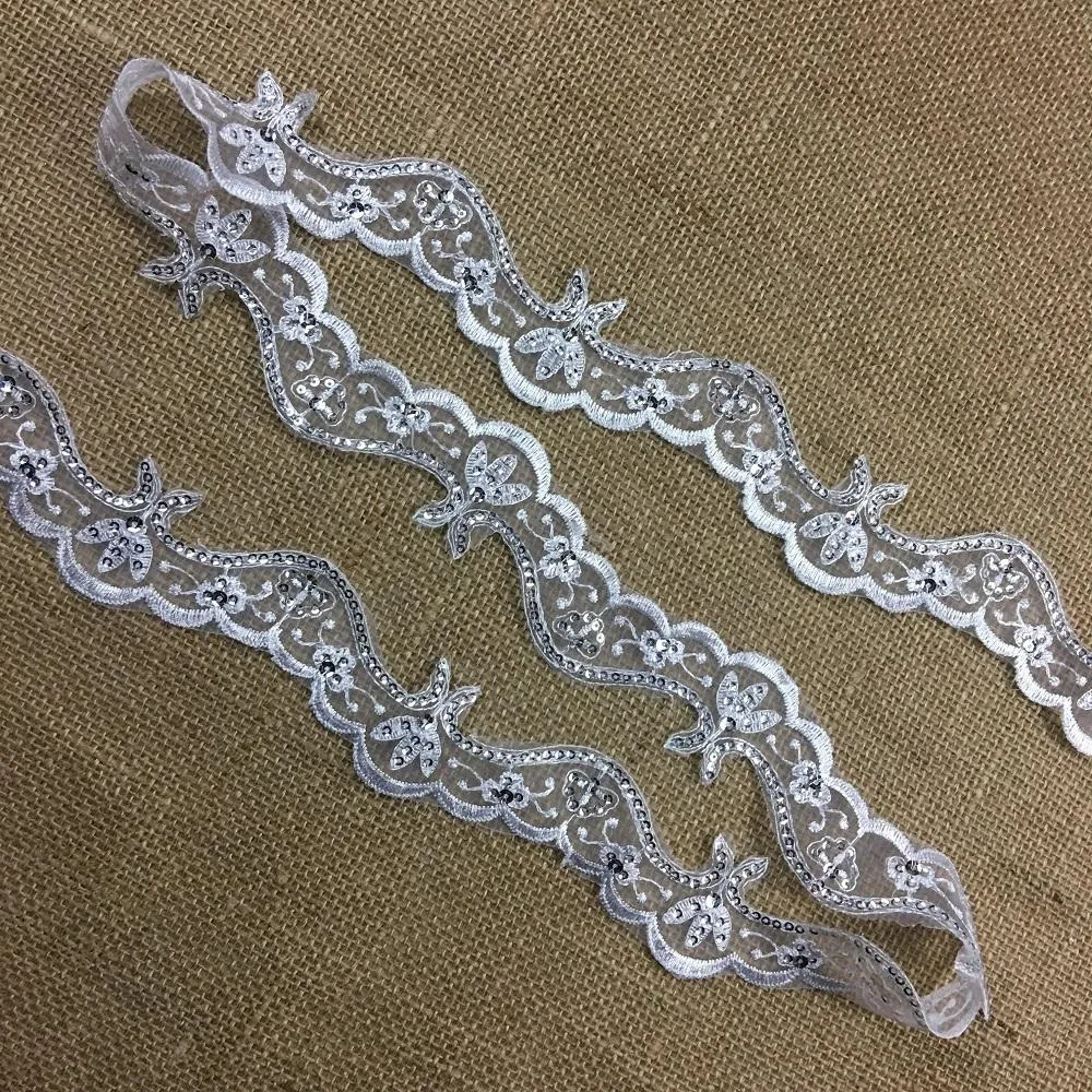 Bridal Trim Lace & Silver Sequins Royal Wave design, 2" Wide, White, for Bridal Veil Communion Christening Baptism Dress Cape