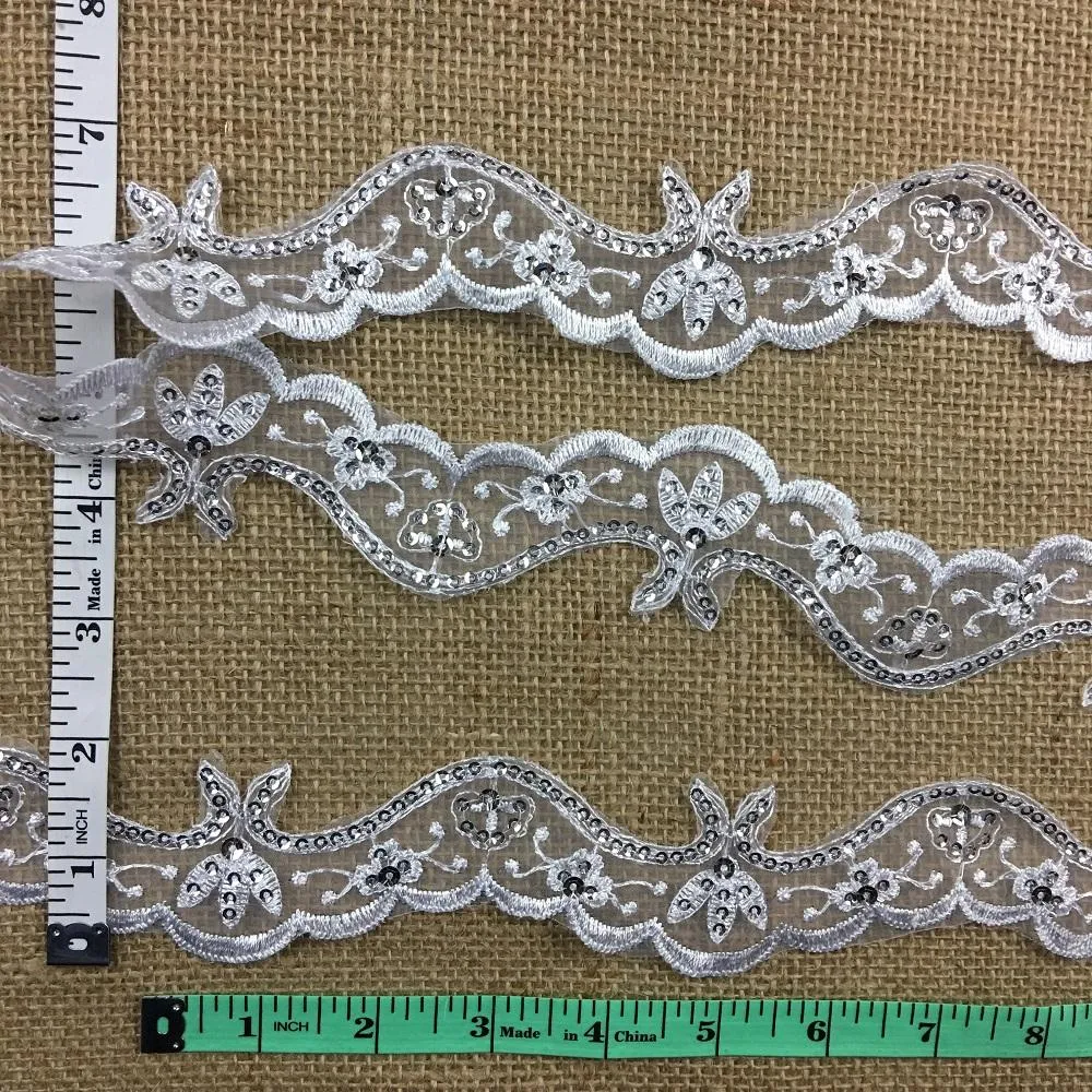 Bridal Trim Lace & Silver Sequins Royal Wave design, 2" Wide, White, for Bridal Veil Communion Christening Baptism Dress Cape