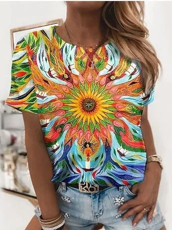 Bright Abstract Print Round Neck T-shirt