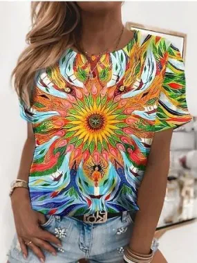 Bright Abstract Print Round Neck T-shirt