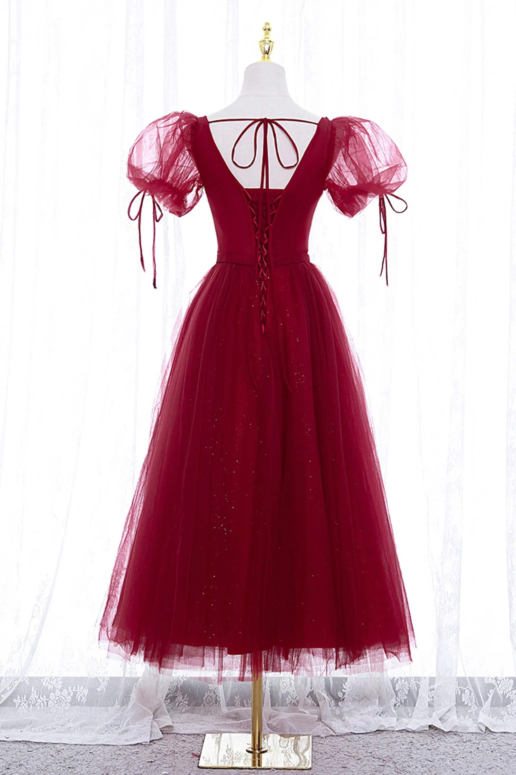 Burgundy Short Sleeve Tulle Tea Length Prom Dress, A-Line Party Dress