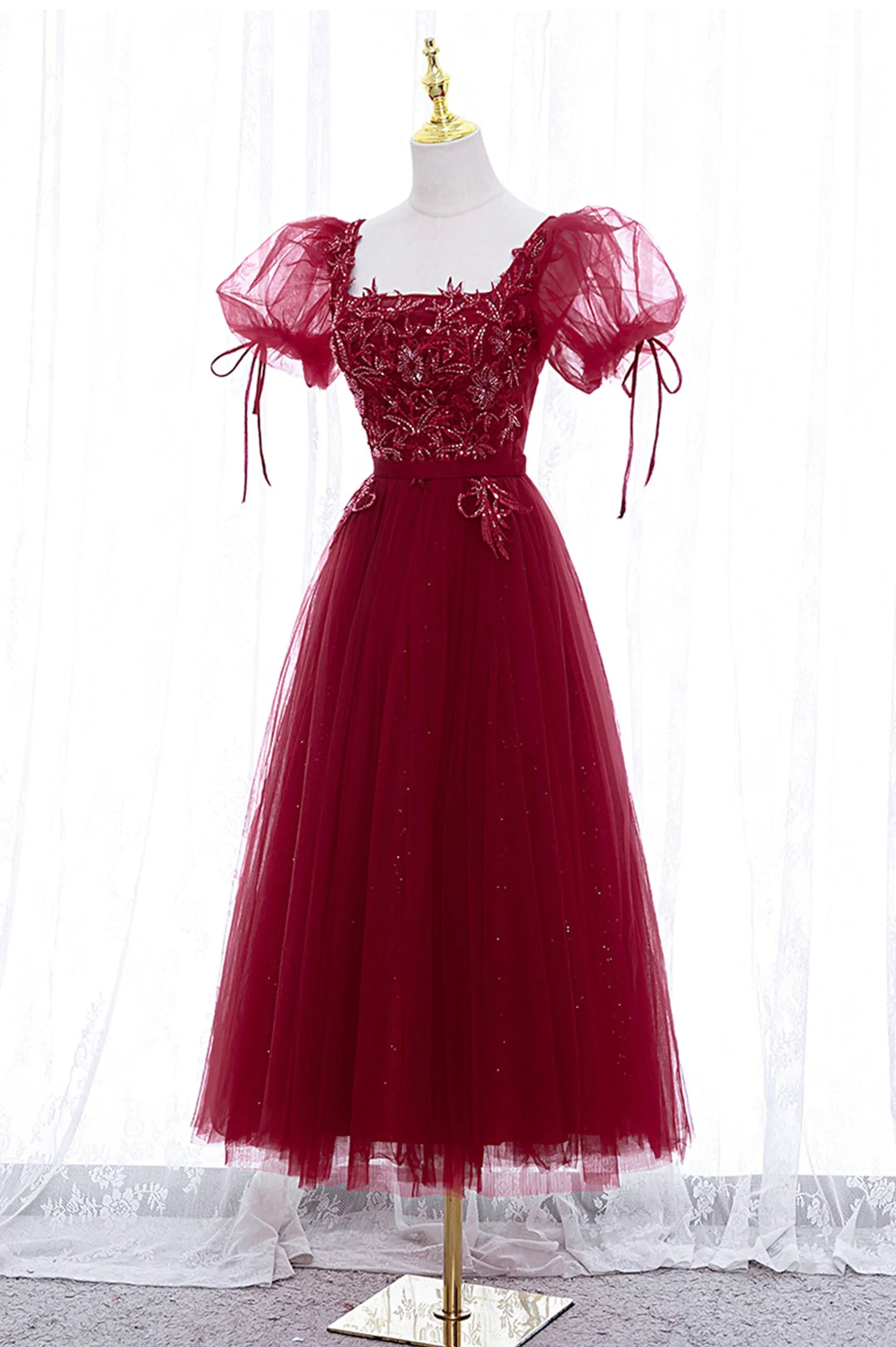 Burgundy Short Sleeve Tulle Tea Length Prom Dress, A-Line Party Dress