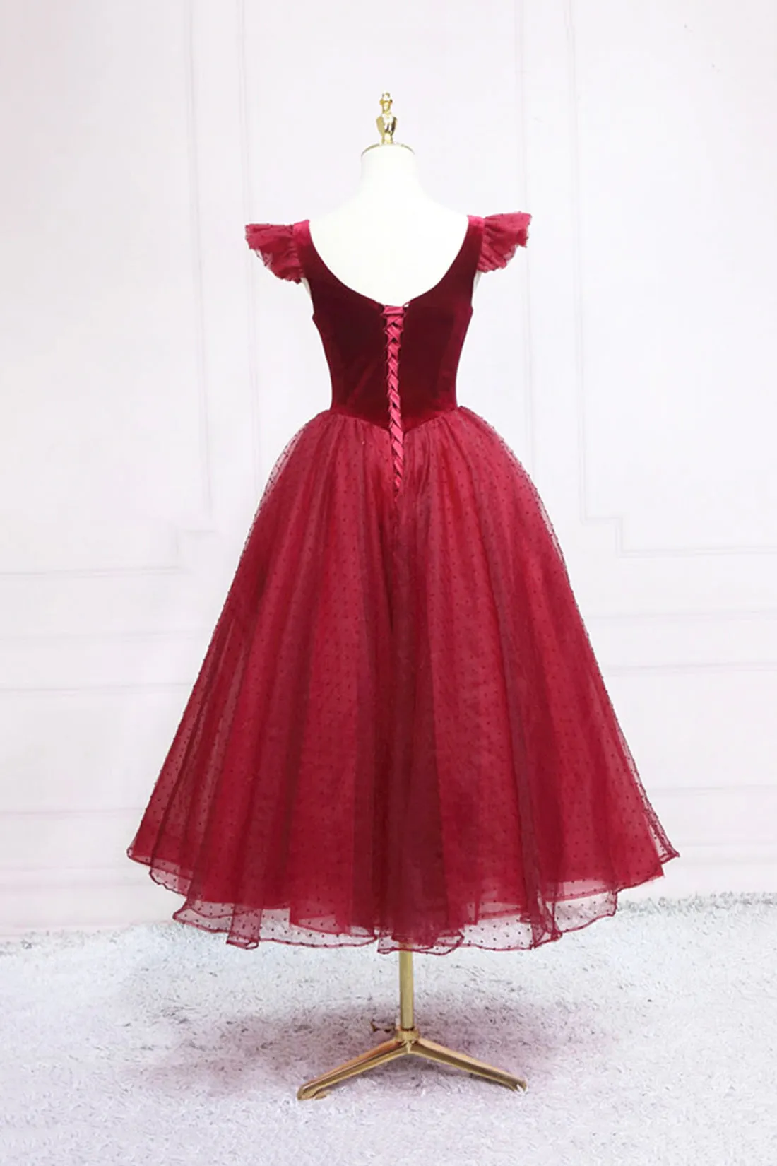 Burgundy Velvet Tulle Tea Length Prom Dress, Cute A-Line Party Dress