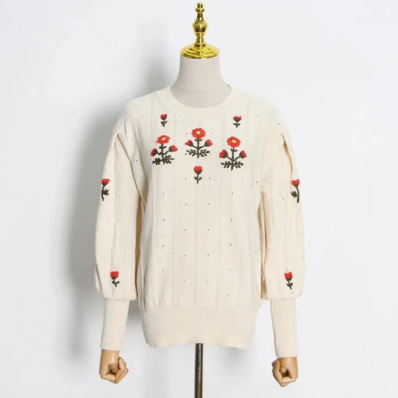 Casual Apricot Embroidered Women's Sweater Round Neck Lantern Long Sleeve Korean Fashion Sweaters Female Autumn