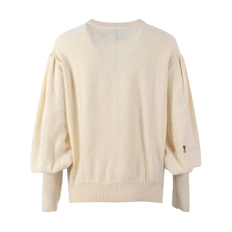 Casual Apricot Embroidered Women's Sweater Round Neck Lantern Long Sleeve Korean Fashion Sweaters Female Autumn