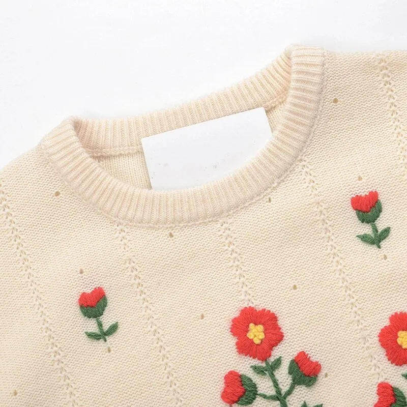 Casual Apricot Embroidered Women's Sweater Round Neck Lantern Long Sleeve Korean Fashion Sweaters Female Autumn