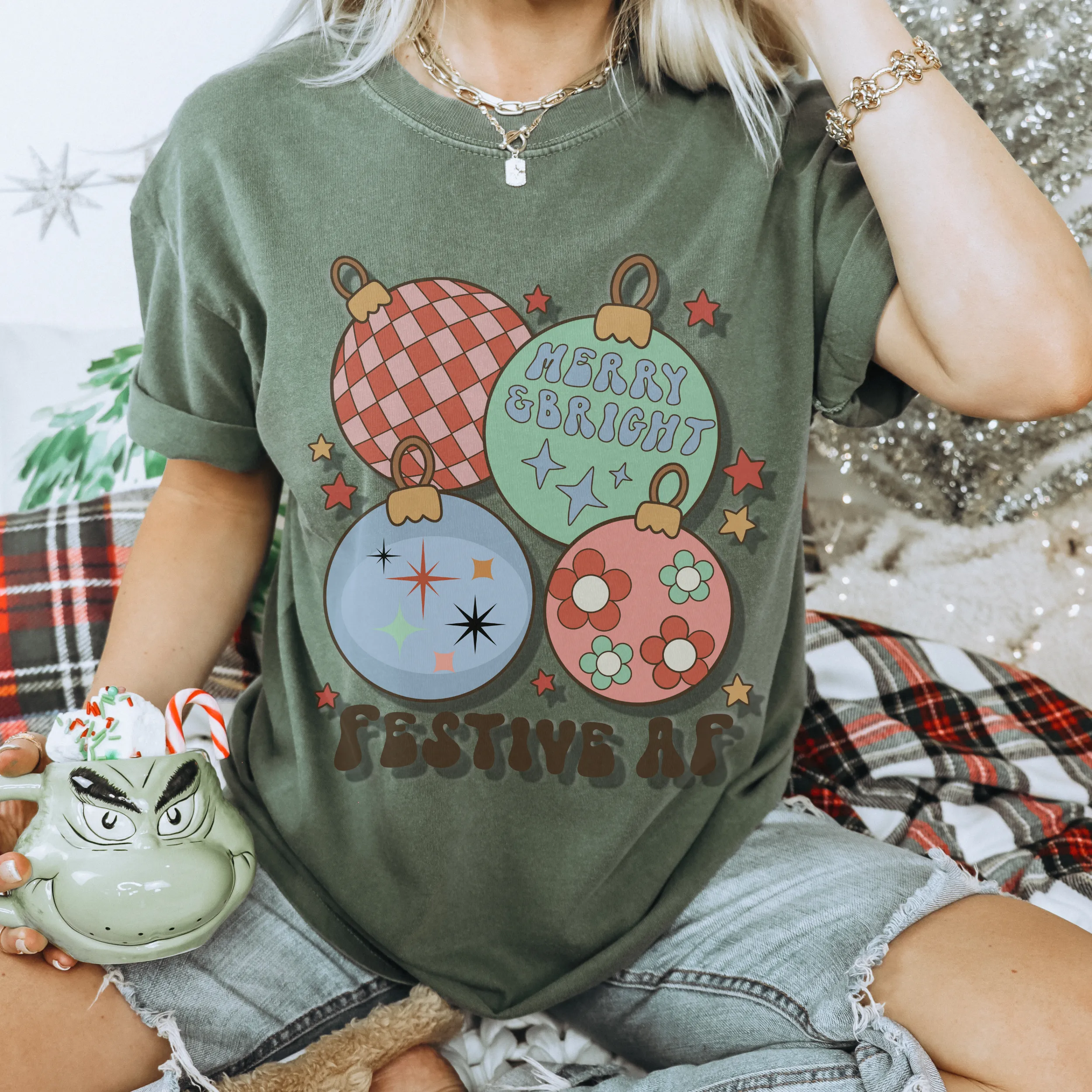 Christmas T-Shirt Women's Funny Festive AF Garment-Dyed Comfort Colors® Pretty Colors Retro Christmas Ornaments Design Trendy T-Shirt