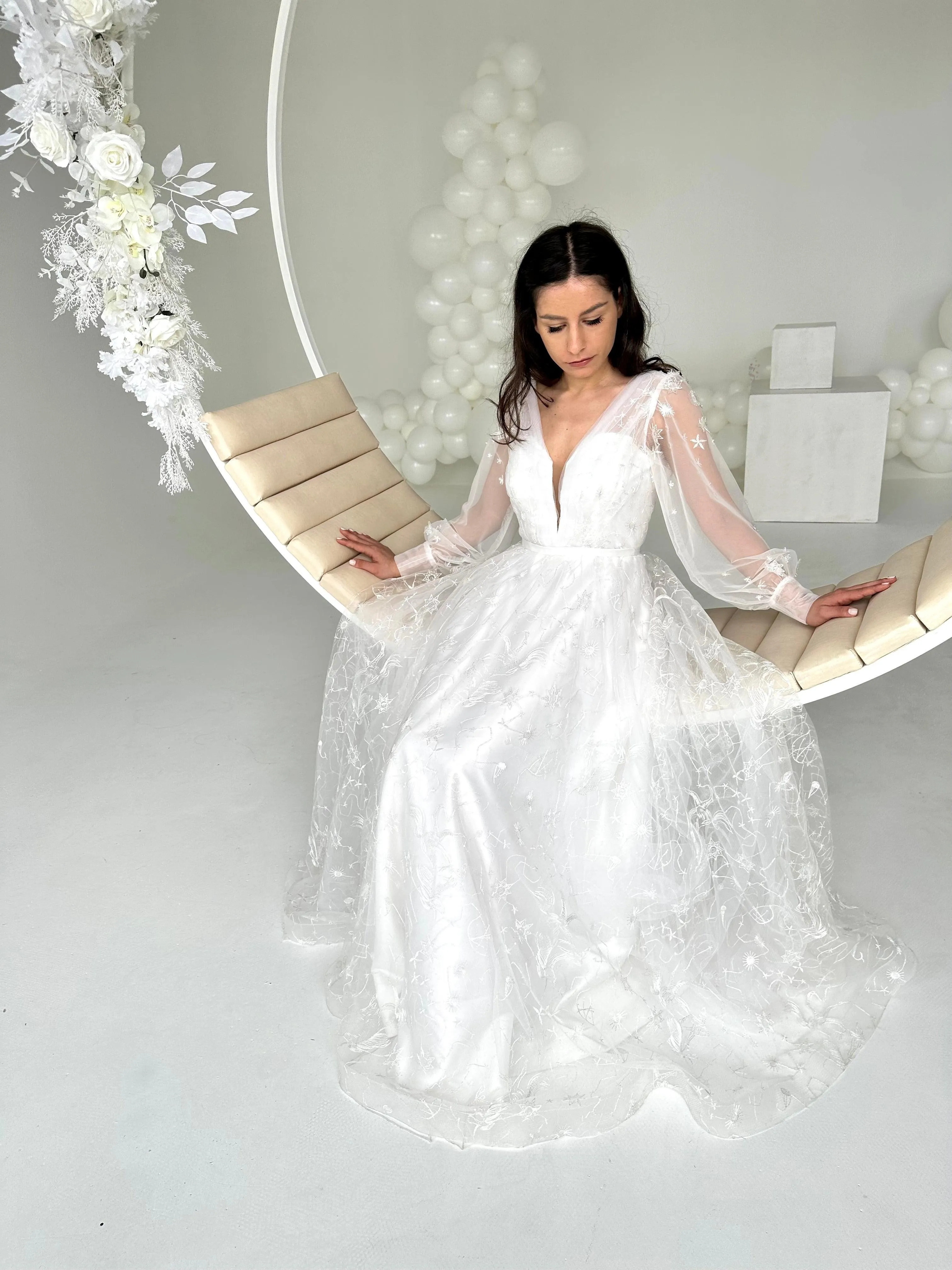 CLEARANCE | Celestial Stars Moon wedding dress with long sleeves