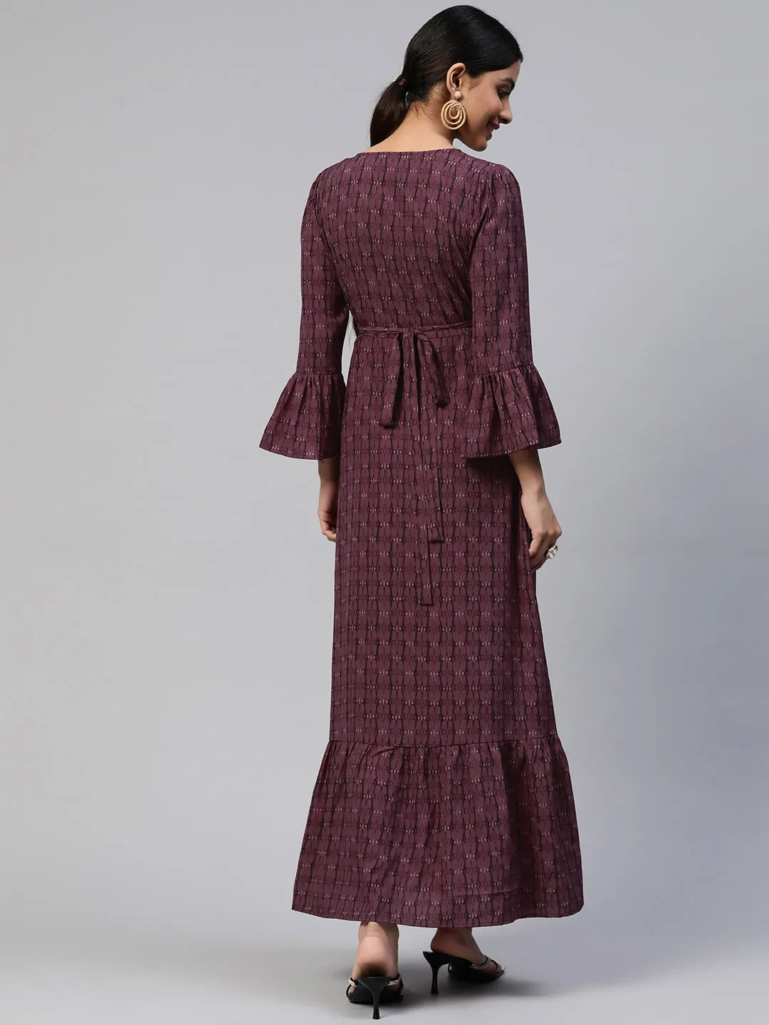 Cottinfab Bell Sleeves Crepe Tiered Maxi Wrap Dress