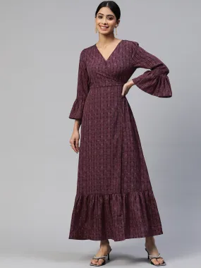 Cottinfab Bell Sleeves Crepe Tiered Maxi Wrap Dress