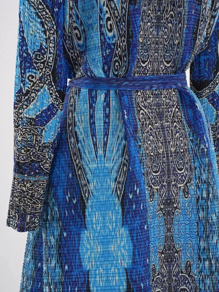 Couture Blue Plissé Pleated Long Cardigan