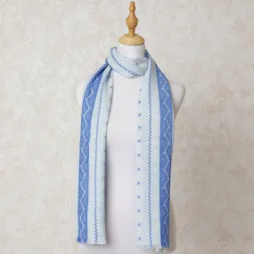 Cream poly cotton scarf with blue, pastel green, powder blue and off white print in stripe design-D10689