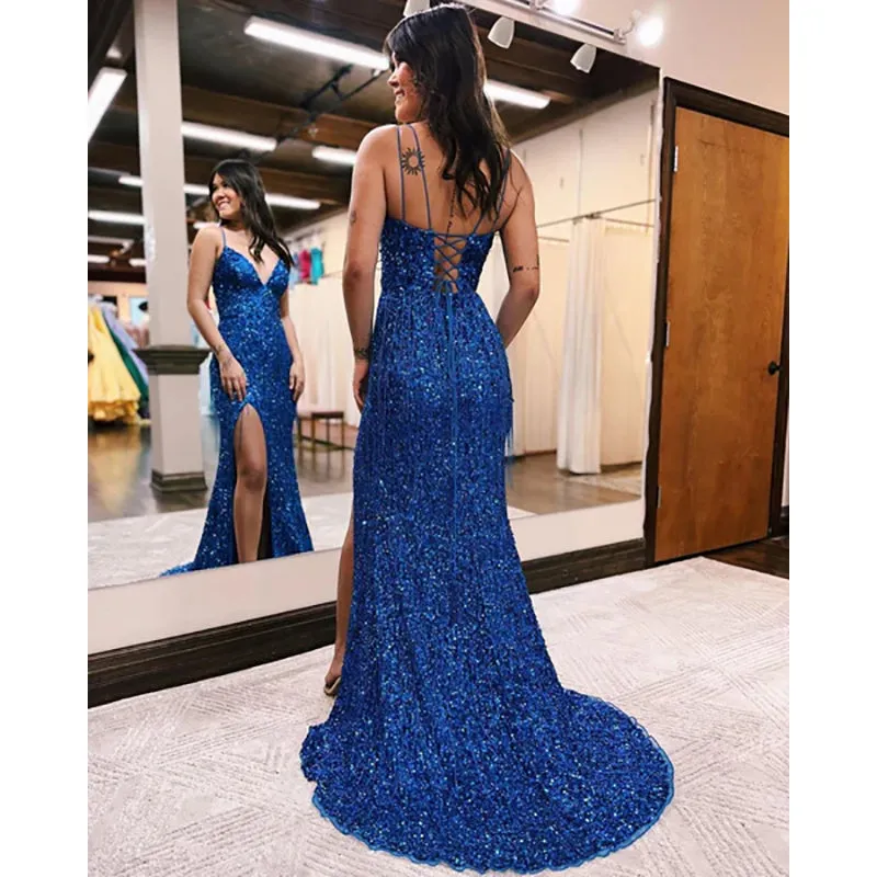 Cute Mermaid V Neck Blue Sequins Long Prom Dresses with Beading