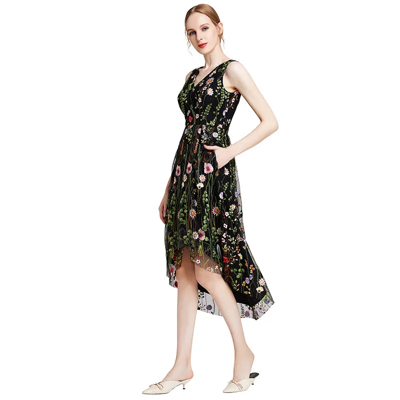 D006 Women all-over floral embroidered tulle sleeveless asymmetric hem midi party dress