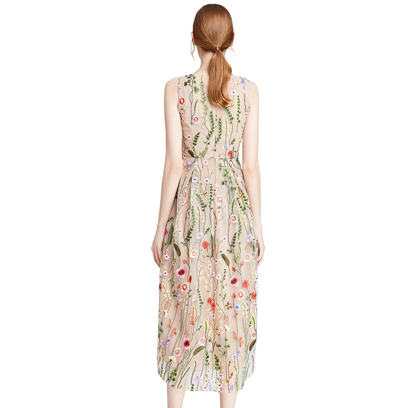 D006 Women all-over floral embroidered tulle sleeveless asymmetric hem midi party dress