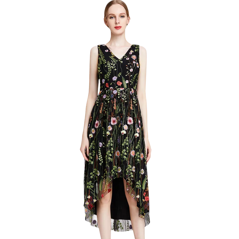 D006 Women all-over floral embroidered tulle sleeveless asymmetric hem midi party dress