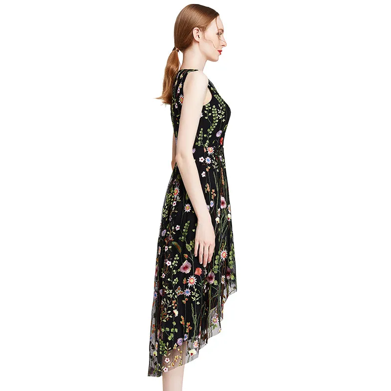 D006 Women all-over floral embroidered tulle sleeveless asymmetric hem midi party dress