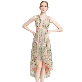 D006 Women all-over floral embroidered tulle sleeveless asymmetric hem midi party dress