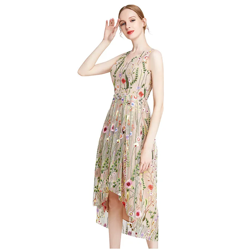 D006 Women all-over floral embroidered tulle sleeveless asymmetric hem midi party dress