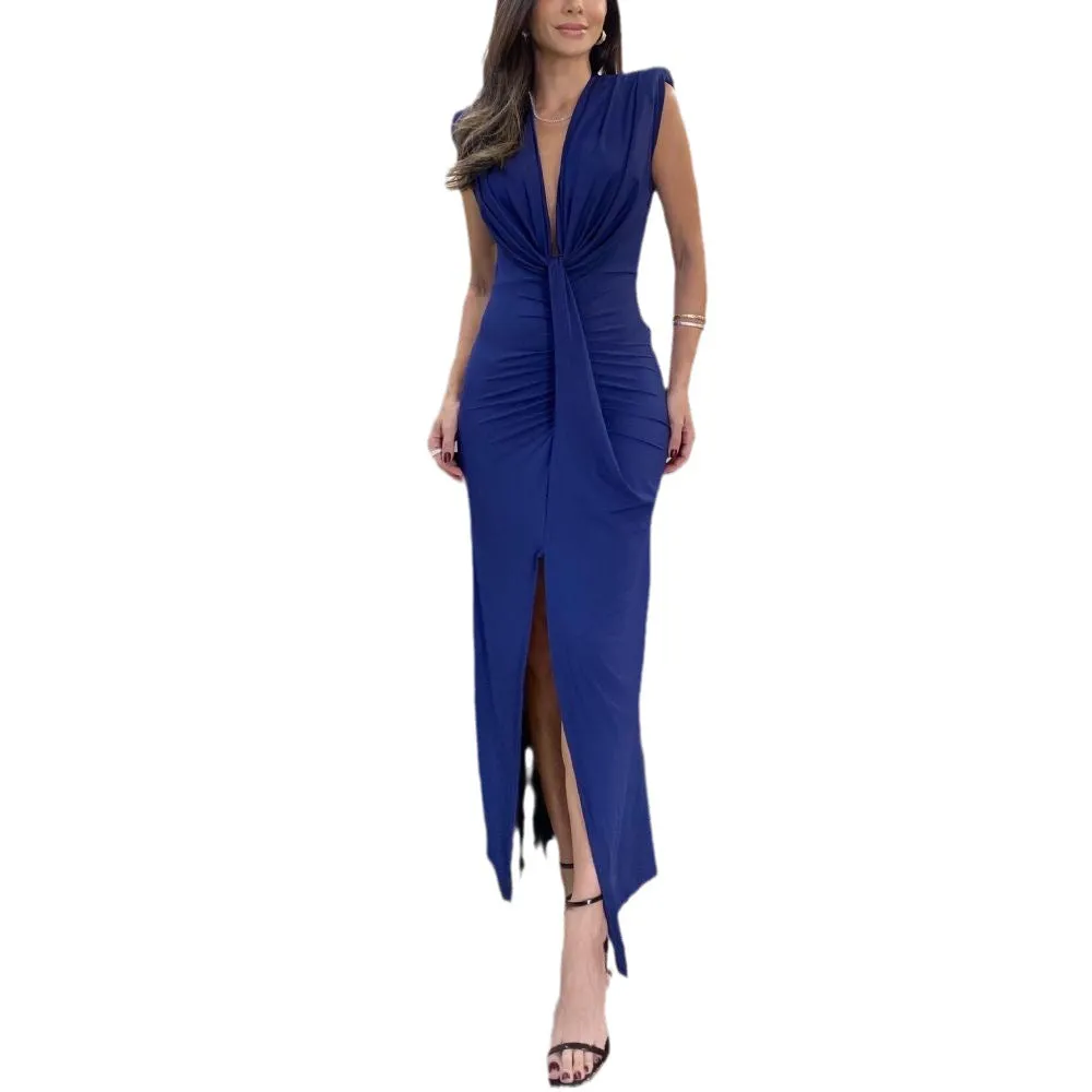 Deep V Neck Waist Pleated Leg Slit Dress