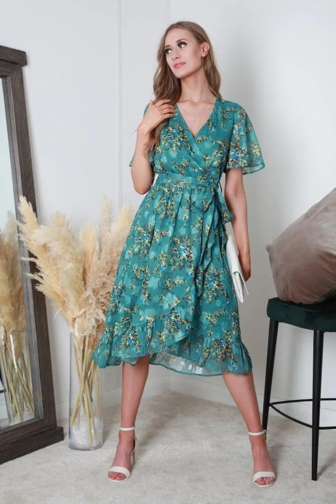 Double Second Green Printed Midi Wrap Dress