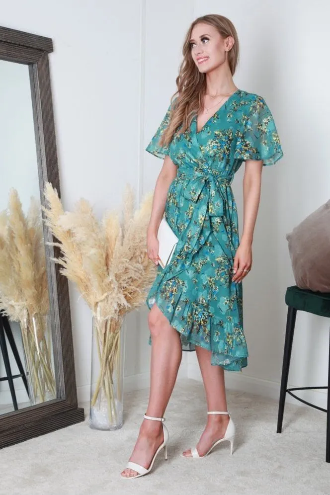 Double Second Green Printed Midi Wrap Dress