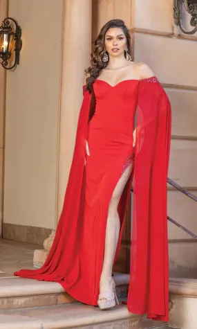 DQ 4306 Size 4 Red Pageant Gown Long Fitted Maxi Slit Off the shoulder Cape Prom Dress Rhinestone