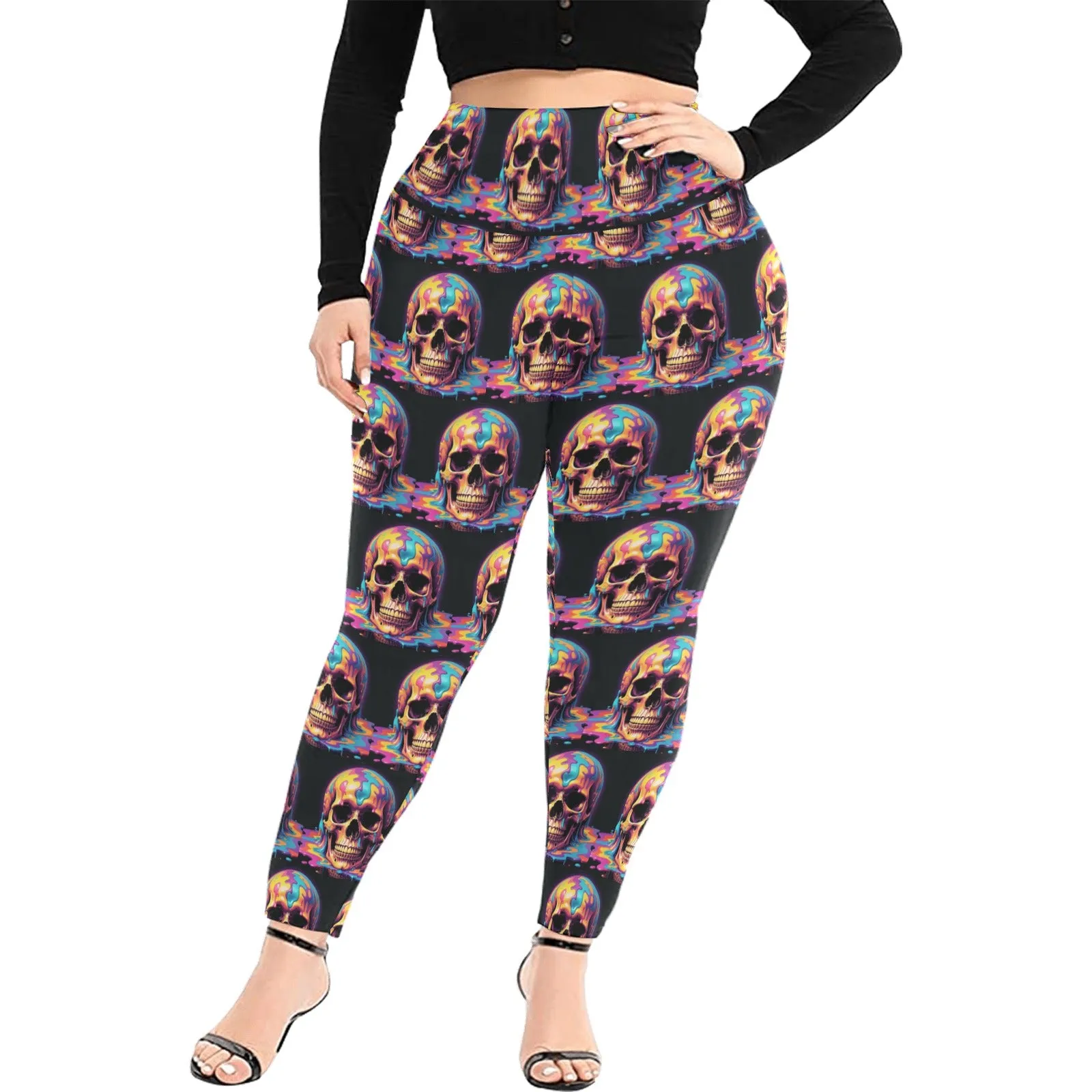 Dripping Skull Women's Plus Size High Waited Leggings Women's High Waist Leggings(Plus Size)(ModelL45)