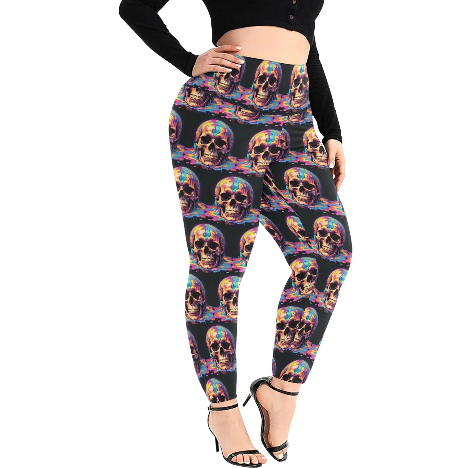 Dripping Skull Women's Plus Size High Waited Leggings Women's High Waist Leggings(Plus Size)(ModelL45)