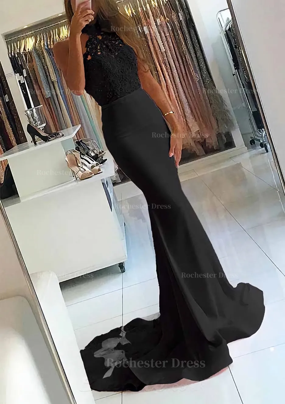 Elastic Satin Court Train Trumpet/Mermaid Sleeveless Halter Covered Button Prom Dress With Beaded