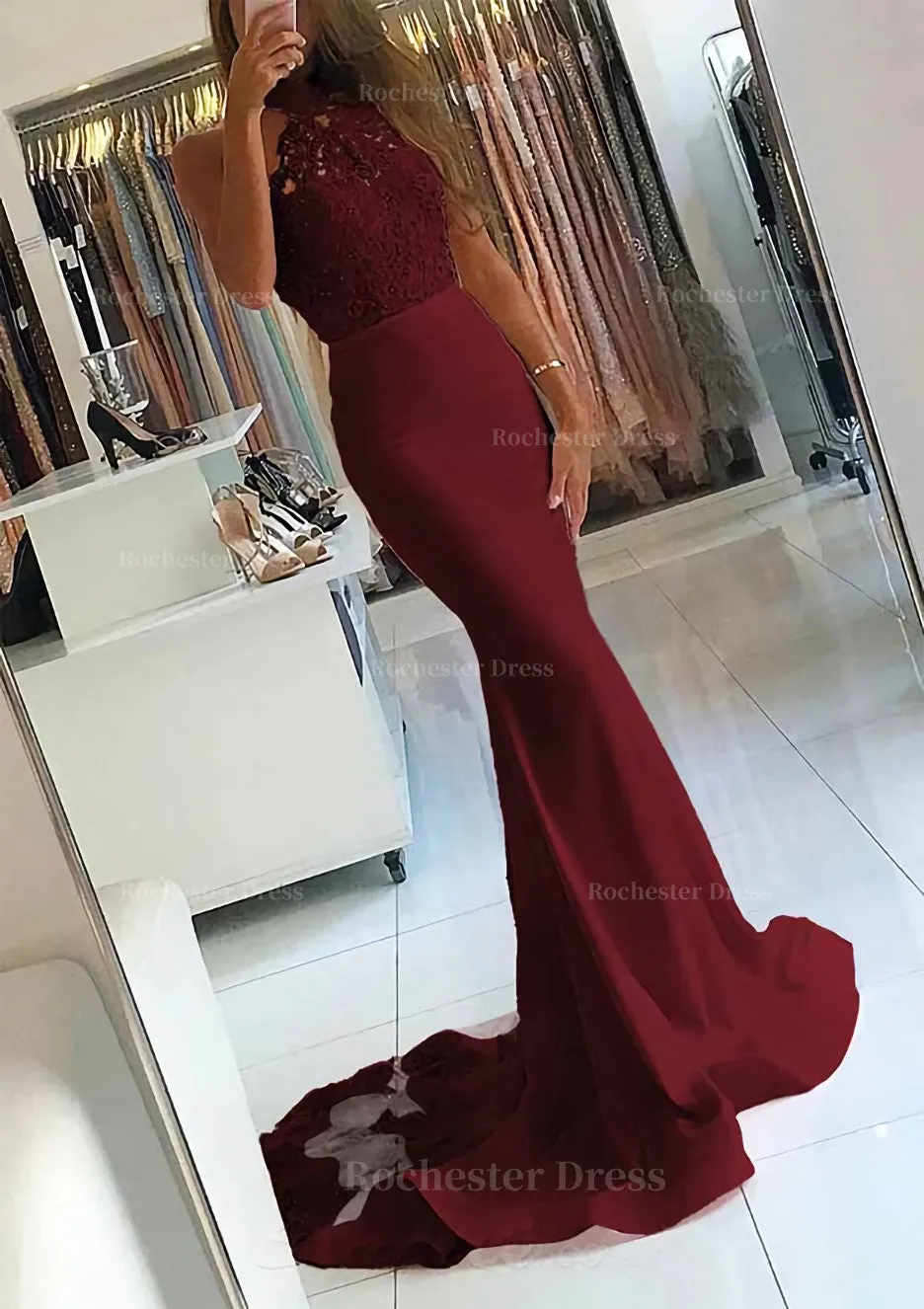 Elastic Satin Court Train Trumpet/Mermaid Sleeveless Halter Covered Button Prom Dress With Beaded