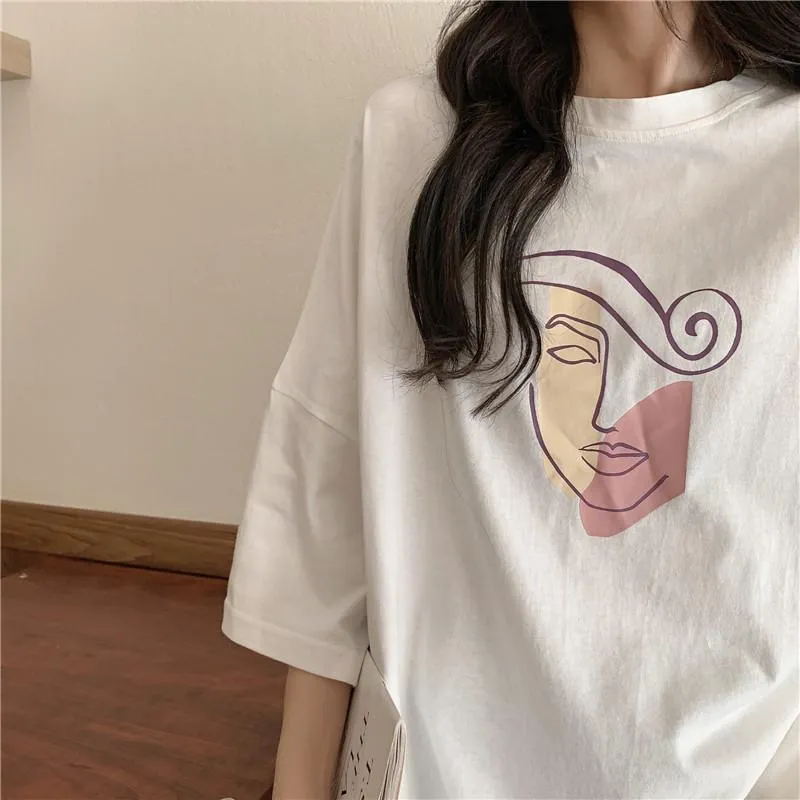 Face Abstract Drawing Lines Print Oversized T-Shirt