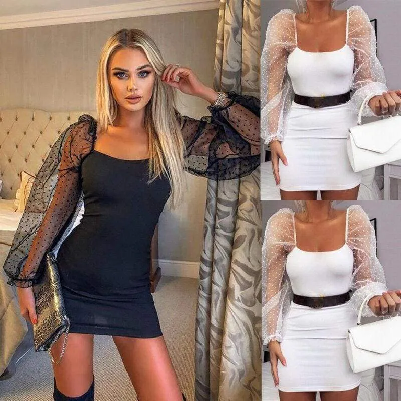 FashionSierra - Women Bodycon Dress Slim Sheath Mesh Long Sleeve Dress